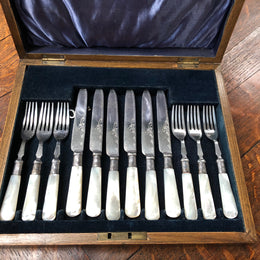 Mother Of Pearl & Silver Plate Fruit Set In Original Box
