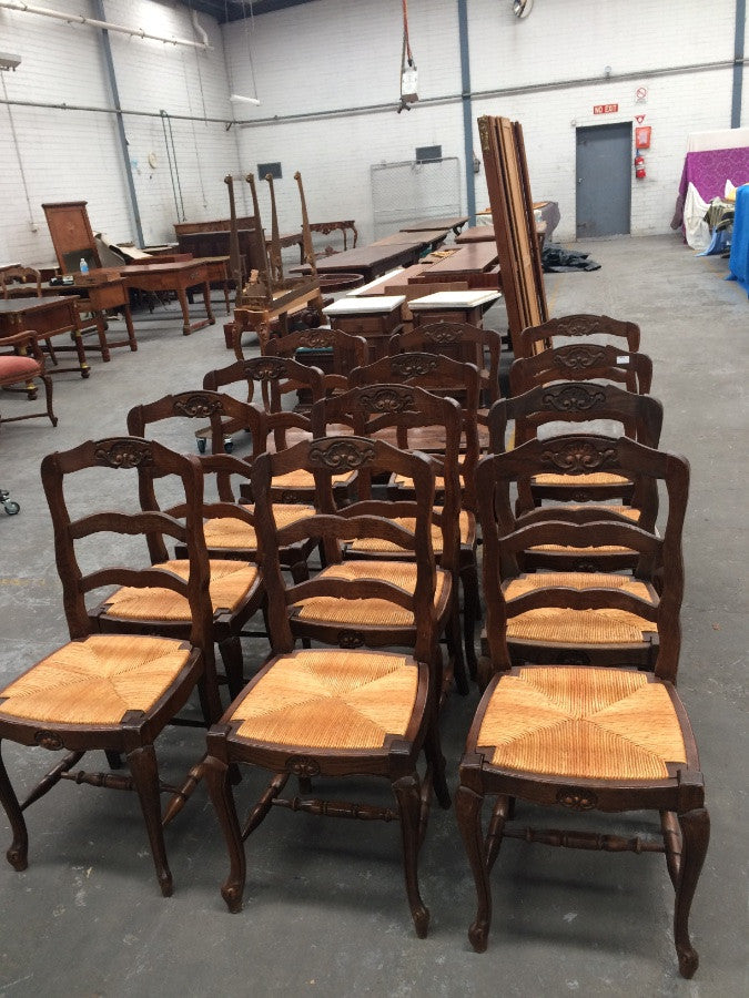 Set 12 Carved French Oak Rush Seat Dining Chairs