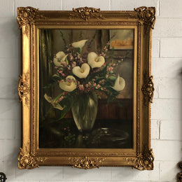 Beautiful ornate gilt framed signed French oil on canvas "Lillies In Vase" . In good original detailed condition.