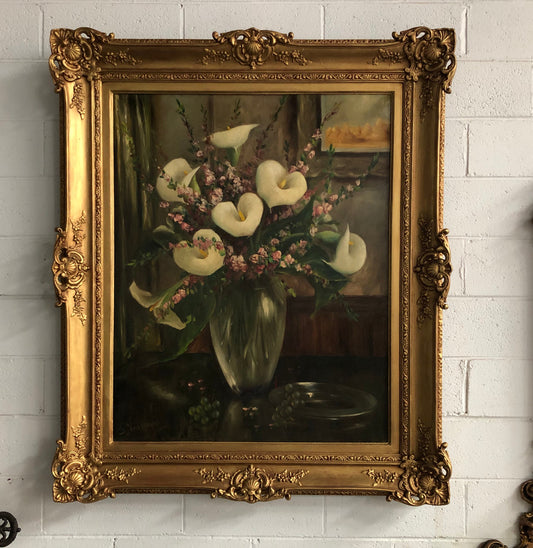 Beautiful ornate gilt framed signed French oil on canvas "Lillies In Vase" . In good original detailed condition.