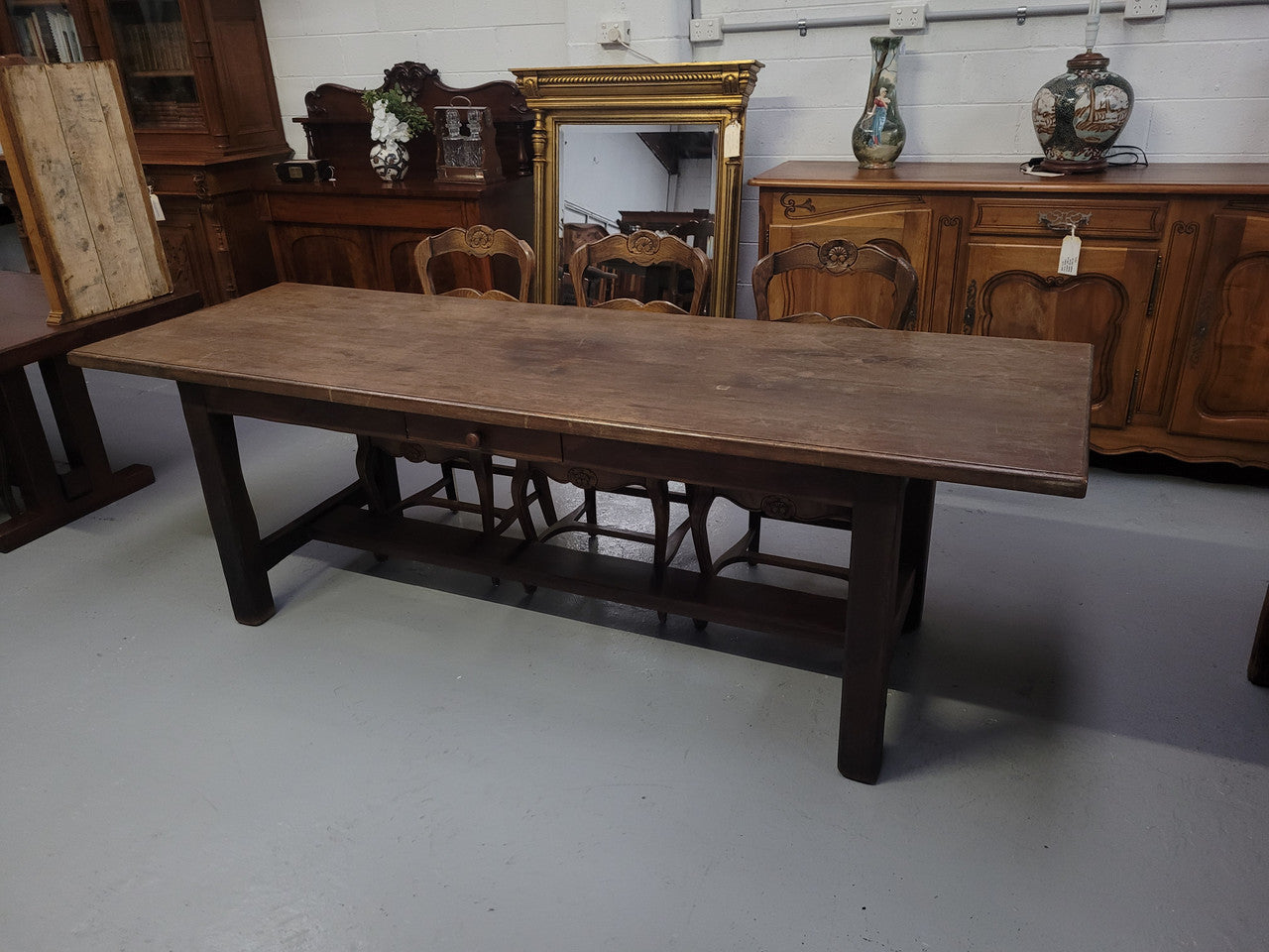 Antique French Oak Single Drawer Pedestal Base Farmhouse Table