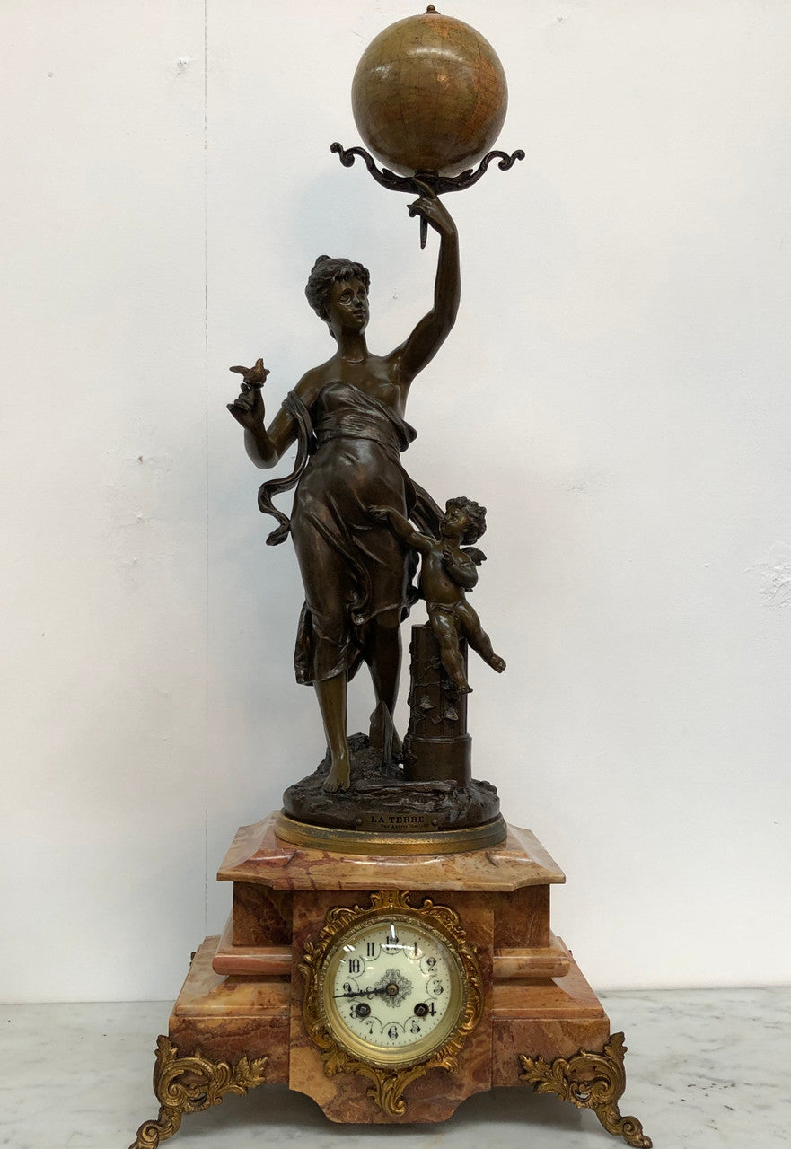 Rare "Adolphe Mougin", Figural Clock ‘La Terre‘ with World Globe | Antique & Vintage | Moonee Ponds Antiques | Australia Wide Delivery