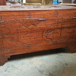 Carved Boat Scene Camphor Wooden Trunk