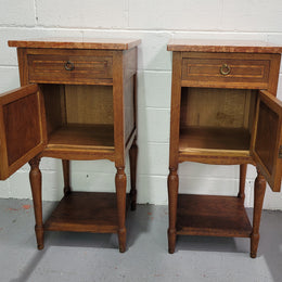 Pair of Louis XVI Style Oak Inlaid Marble Top Bedsides