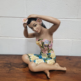 Large, Striking, Vintage Art Deco Tropical female porcelain figurine by Lenci Artist RONZAN, Italy.  Beautifully modelled she is wearing a gorgeous polychrome strapless dress and flowers in her hair. Circa 1950’s.