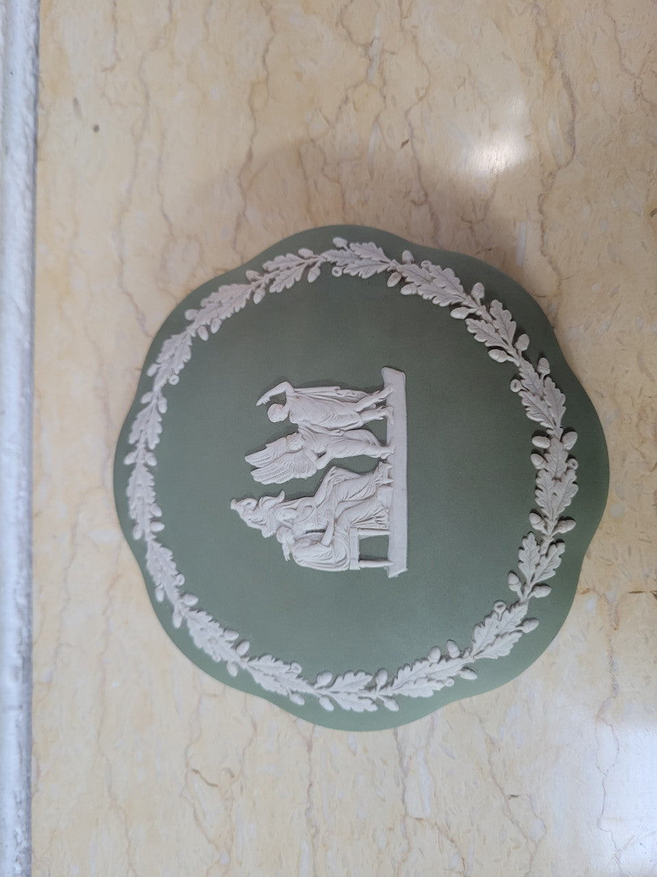 For Sale At Moonee Ponds Antiques Vintage classical design green jasper “Wedgwood” large round lidded trinket box. In good condition please view photos as they help form part of the description.