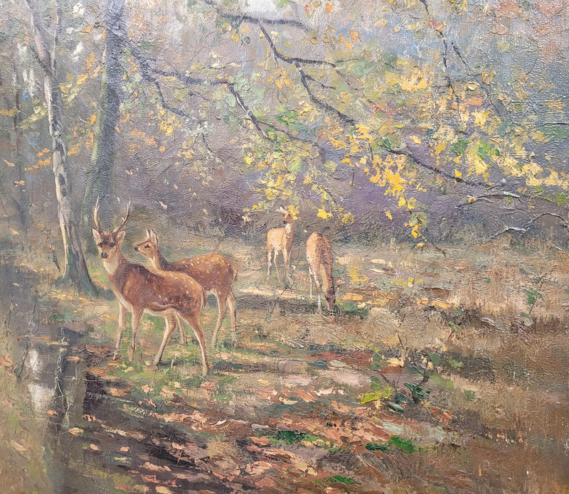 Charming oil painting on canvas depicting a forest scene and deer in an ornate gilt frame. In good original detailed condition.