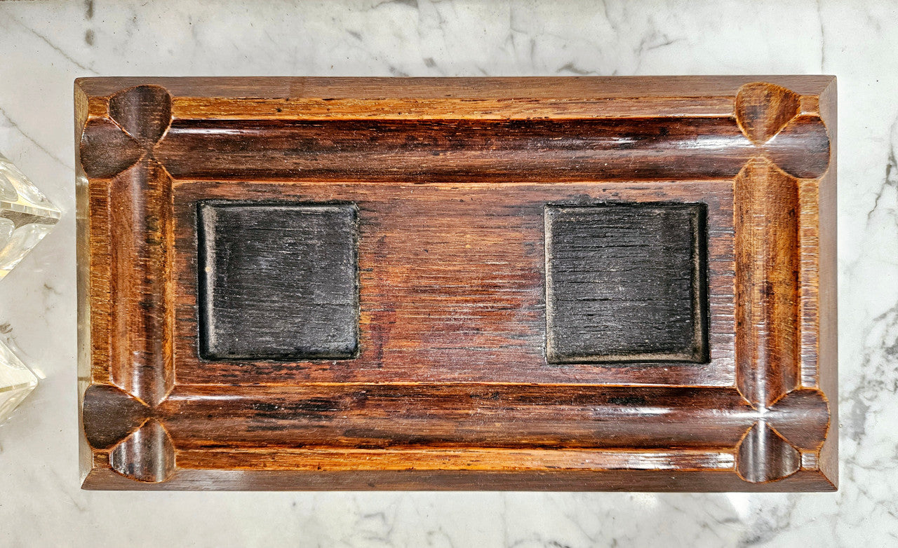 Edwardian Desk & Double Ink & Pen Holder on Wooden Stand.  Original Condition. It has been sourced from France and is in good original detailed condition.