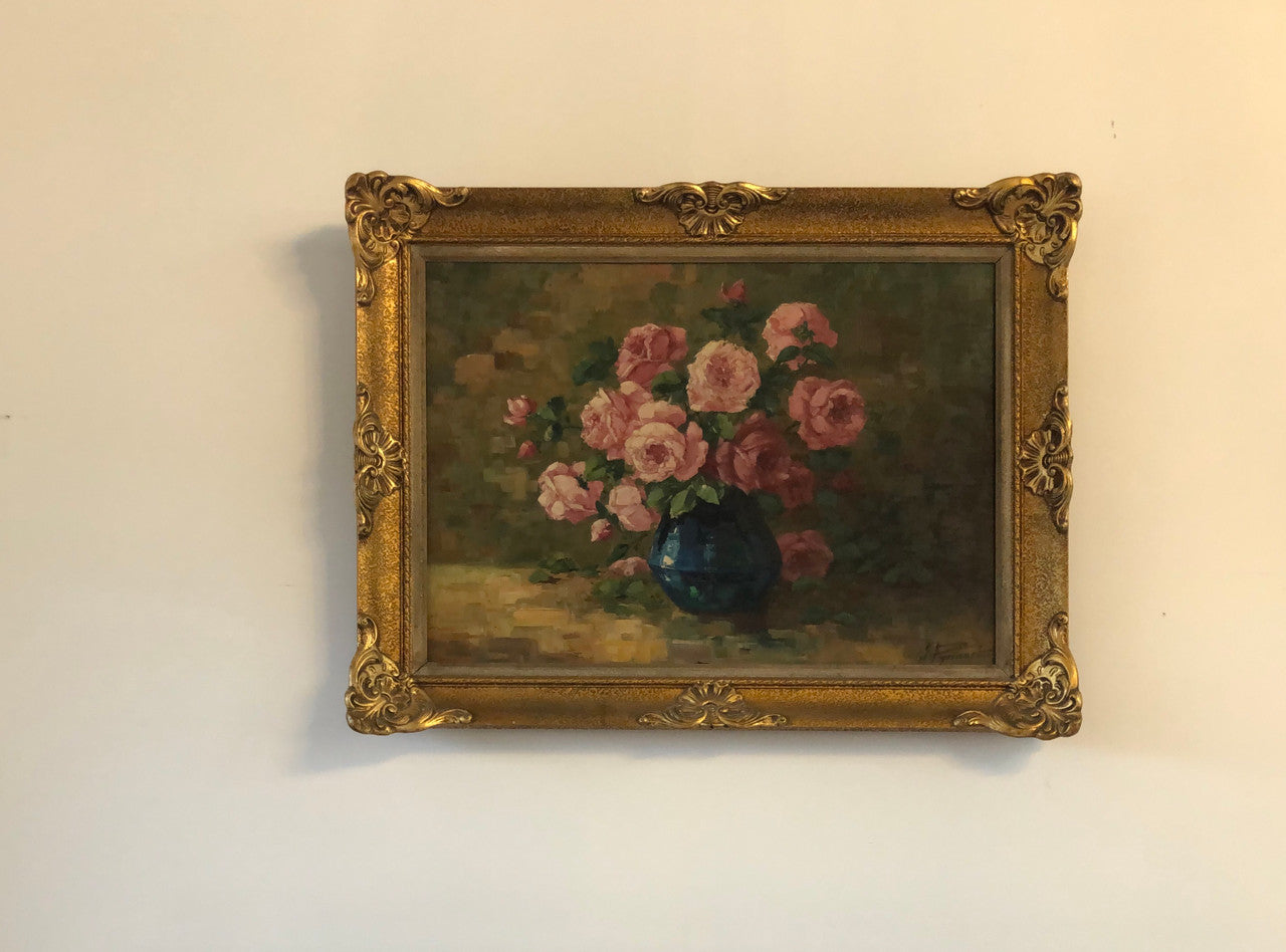 Beautifully framed signed, French oil on canvas of a vase of Pink roses and in good condition.