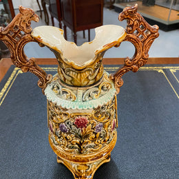 Victorian Majolica Glazed Double Handled Dragons Vase