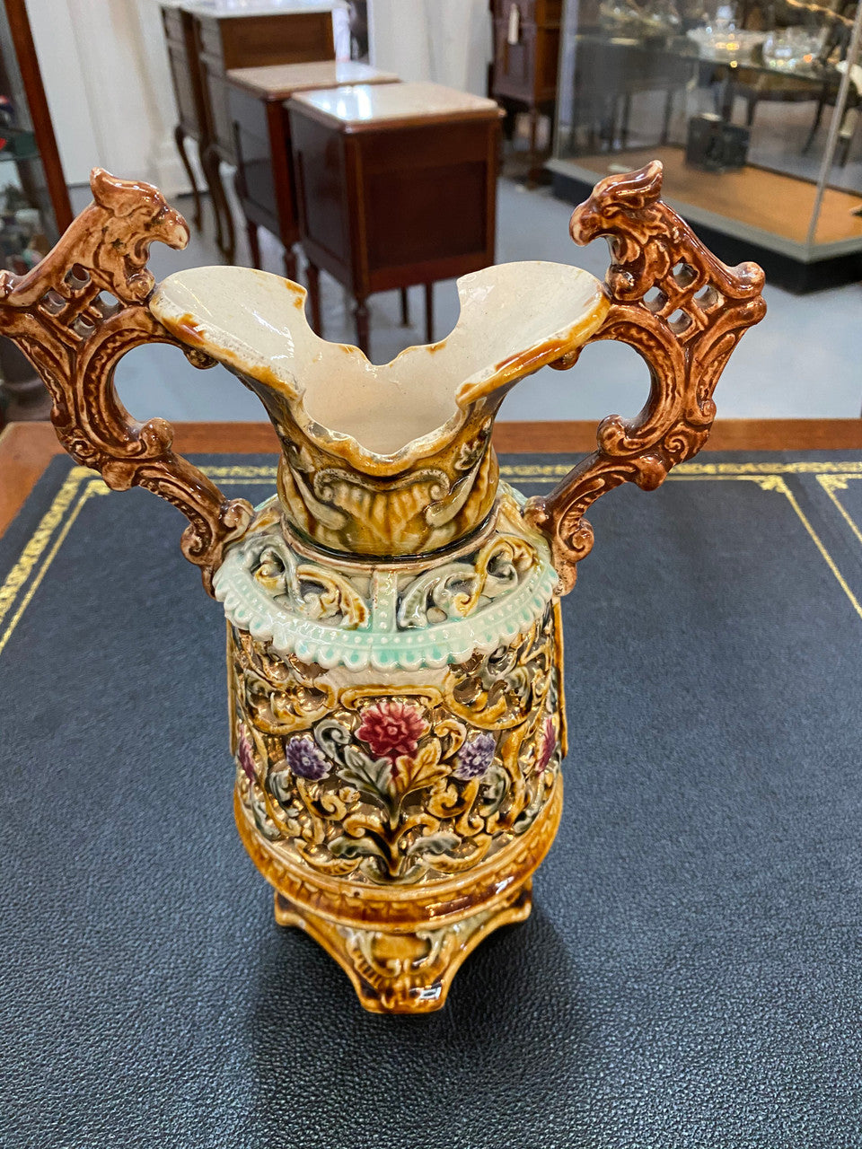 Victorian Majolica Glazed Double Handled Dragons Vase