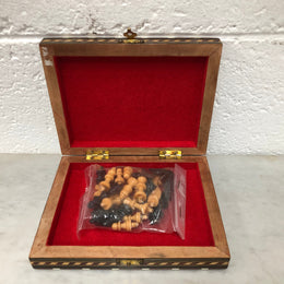 Vintage inlaid folded chess board box with pieces inside. In good clean original condition.