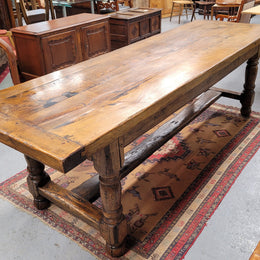Large impressive 19th century 2.5 meter Antique French Oak farmhouse table. Loads of character with a stunning solid thick top and has a long drawer at one end. Sourced from France and in good original detailed condition.