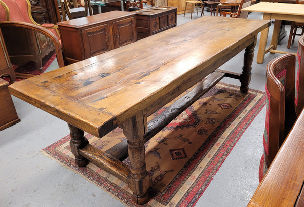 Large impressive 19th century 2.5 meter Antique French Oak farmhouse table. Loads of character with a stunning solid thick top and has a long drawer at one end. Sourced from France and in good original detailed condition.