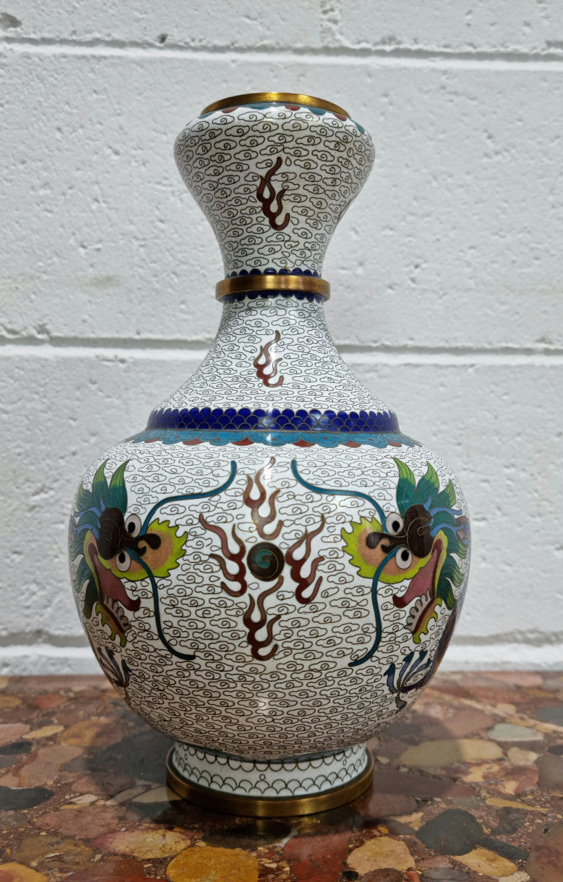 Large Vintage Chinese Cloisonné Vase With Two Dragons
