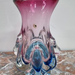 Vintage “Murano” hand made blue and cranberry glass vase. In excellent condition.