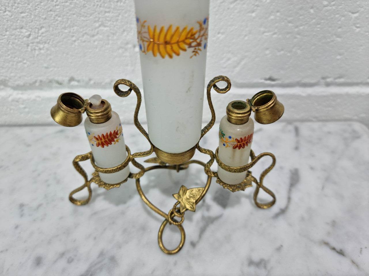 French 19th century perfume set in a gilt metal stand. Opaline glass beautifully hand painted and is in good original condition, please view photos as they help form part of the description.