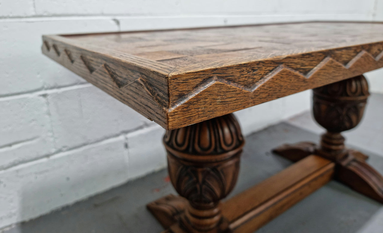 Amazing French Oak solid parquetry top coffee table. Great size and in very good original detailed condition.