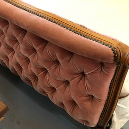 Beautiful upholstered French walnut queen size bed. This bed has lovely carved detail and custom made slats in very good condition.