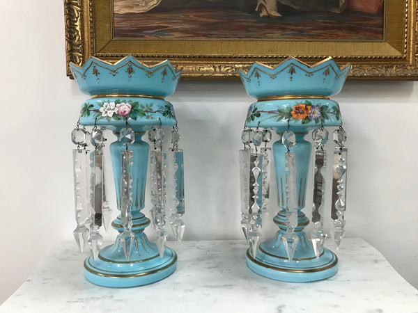 A Pair Of Victorian Blue Glass Lustres