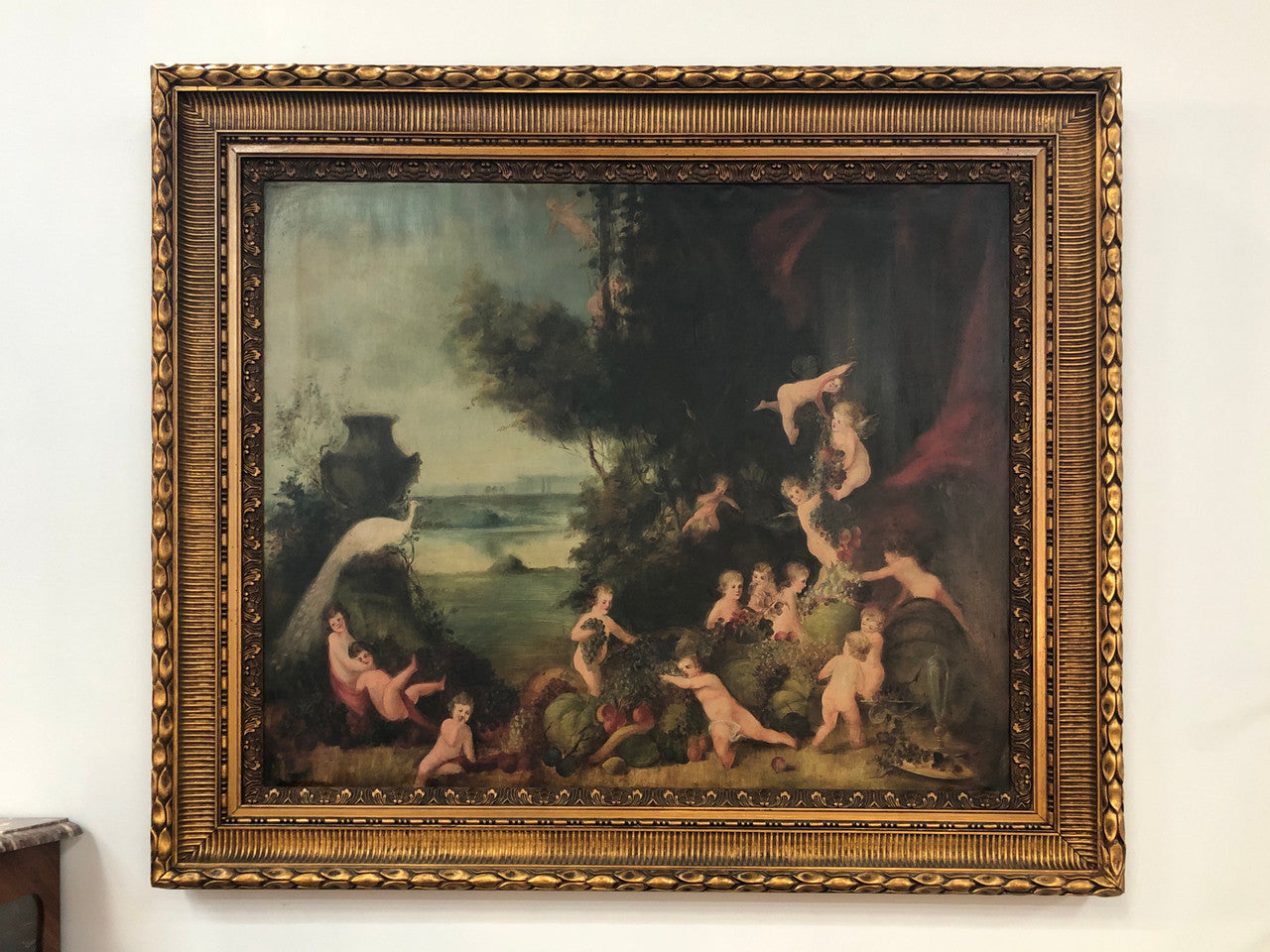 Large French Oil On Canvas Of Romantic Scene With Cherubs