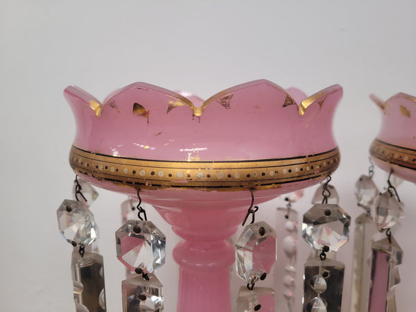 Large Victorian pink glass an gilt trim crystals lusters. It is in good original condition, please view photos as they help form part of the description.