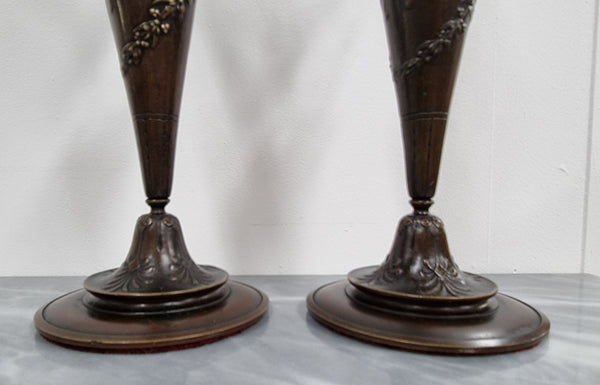 A stunning pair of French Art Nouveau bronze candlesticks. They are of fine quality and in very good condition.