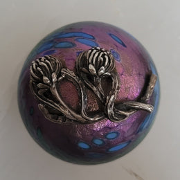 Vintage Iridescent Colin Heaney Paperweight with Sterling Silver Waratah flower by Suzanne Brett