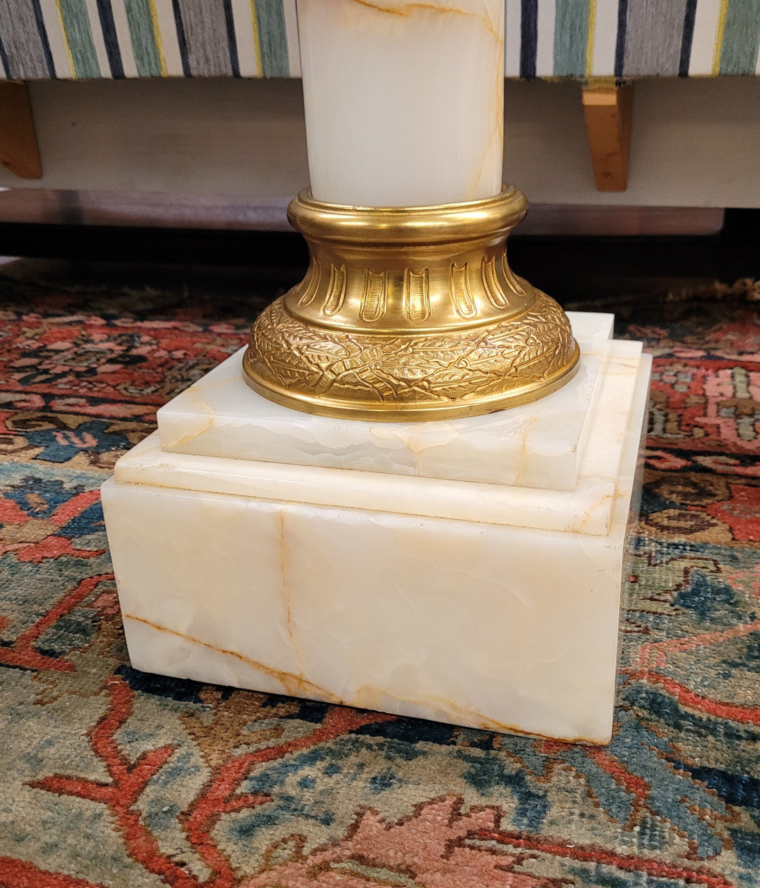 Pair of Imposing French alabaster marble and bronze pedestals. They are highly decorative and have been sourced from France. They are in good original detailed condition.