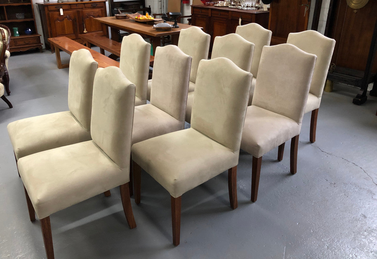 Custom Made Ivory Suede Covered Hardwood Set Of 10 Dining Chairs | Antique & Vintage | Moonee Ponds Antiques | Australia Wide Delivery