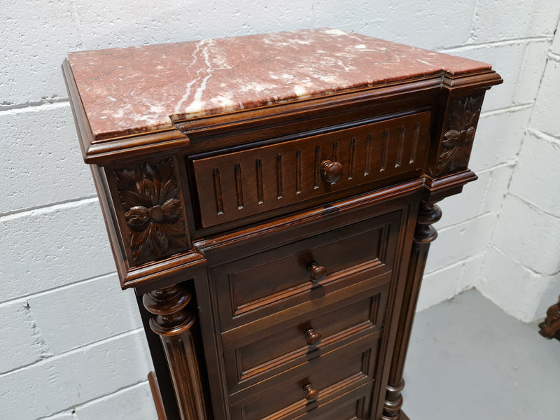 French Walnut Henry 2nd style three drawer one cupboard single side cabinet with rouge marble top. Circa: 1890. In Good original detailed condition.