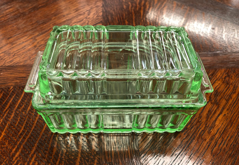 Green Depression Glass Butter Dish