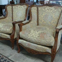 Antique Pair Of Carved Louis XV Style Upholstered FauteuilsL40