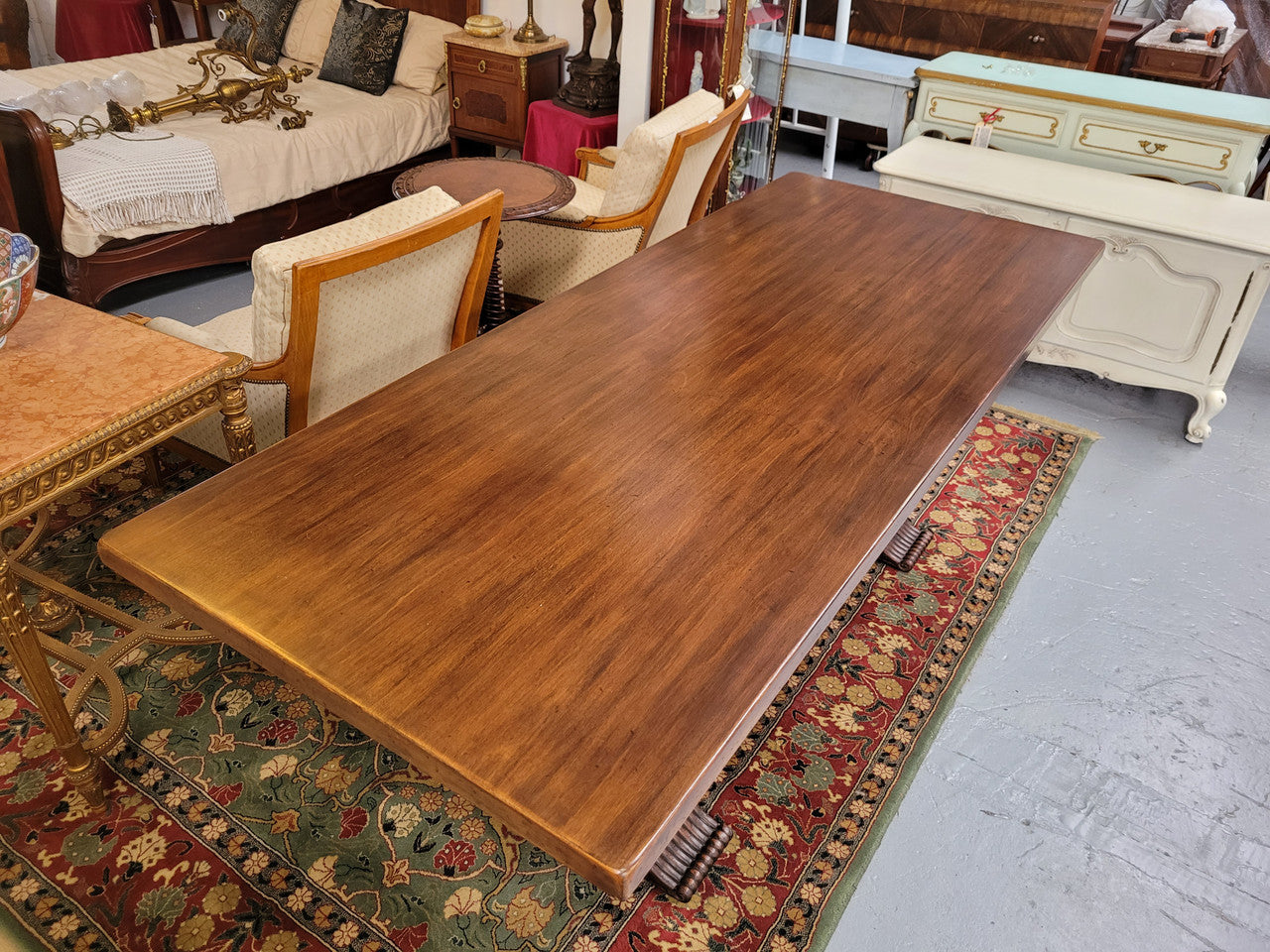 French Walnut Monastery table with two internal drawers. This table can be used as a dining table or as a large desk. It has been sourced from France and is in good original detailed condition.