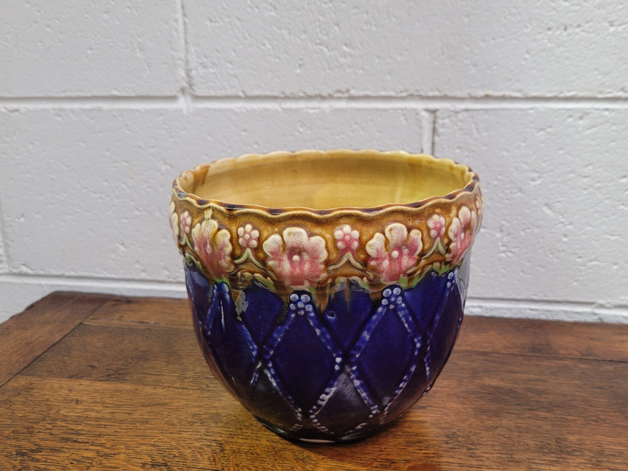 Charming Antique Cobalt blue / pink / brown small jardinière. In original condition , please view photos as they help form part of the description.