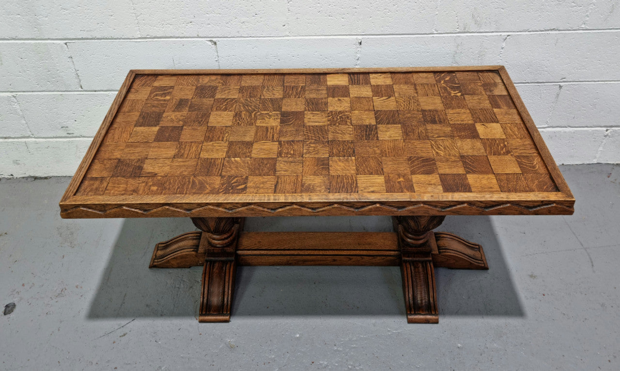 Amazing French Oak solid parquetry top coffee table. Great size and in very good original detailed condition.