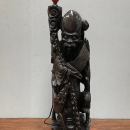 Antique Chinese hand carved Rosewood Immortal "Shou Xing" God of longevity lamp base. Profusely inlaid with brass cloisons. Meiji period Circa 1880.