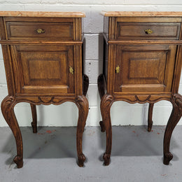 French Oak Louis 15th Style Marble Top Bedside Cabinets