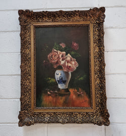 French Signed Floral Oil on Canvas Painting of Roses | Antique & Vintage | Moonee Ponds Antiques | Australia Wide Delivery