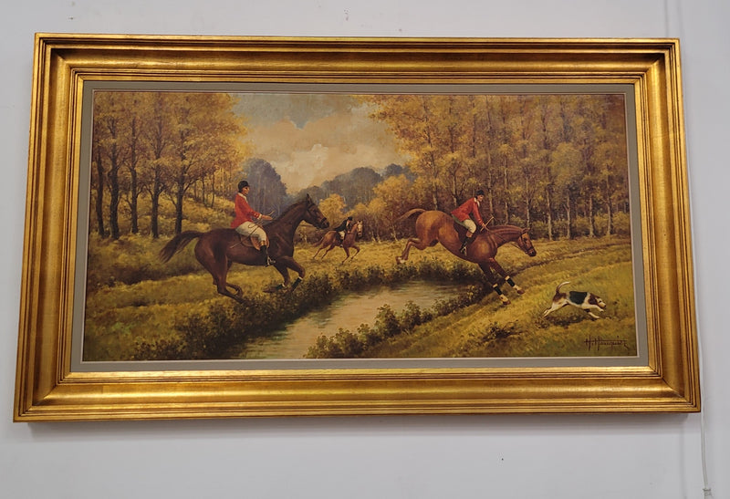 Large signed oil painting on canvas of a "Fox Hunt" scene. Sourced in France and is in good original detailed condition.