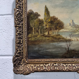 Beautiful antique french signed oil on canvas painting, depicting Castle Landscape.  In good realigned original condition.