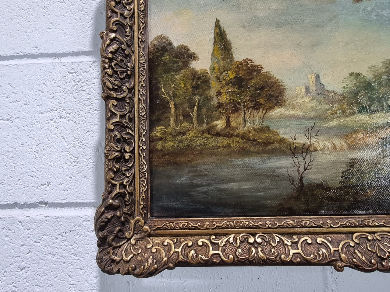 Beautiful antique french signed oil on canvas painting, depicting Castle Landscape.  In good realigned original condition.