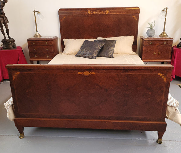 French Art Deco bedroom suite consisting of queen size bed in Amboyna wood and featuring pretty inlay. It comes with a matching pair of bedsides. It is a very stylish and high quality suite. It has been sourced from France and is in good original detailed condition.