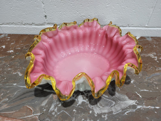 Edwardian American large white/pink cased glass and yellow ruffled edged bowl. In good original condition with no chips.