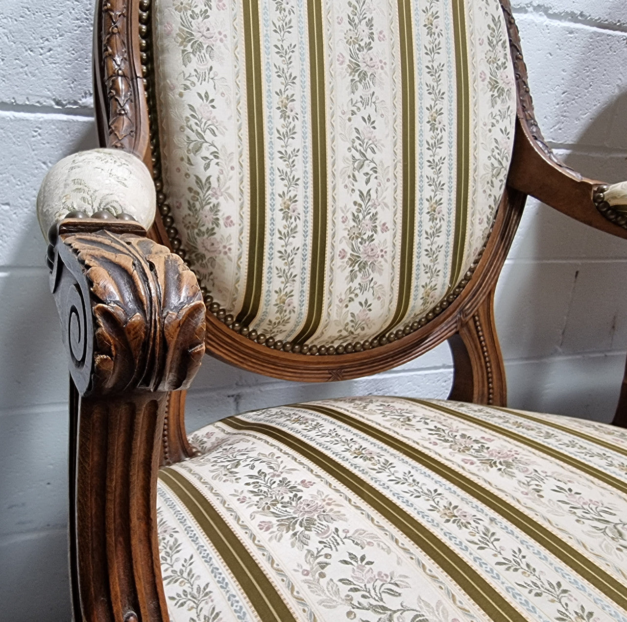 Pair of French Louis XV matching carved armchairs. They are in good overall condition with some slight wear to fabric, please view photos as they help form part of the description.