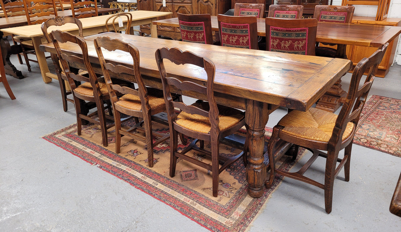 Large impressive 19th century 2.5 meter Antique French Oak farmhouse table. Loads of character with a stunning solid thick top and has a long drawer at one end. Sourced from France and in good original detailed condition.
