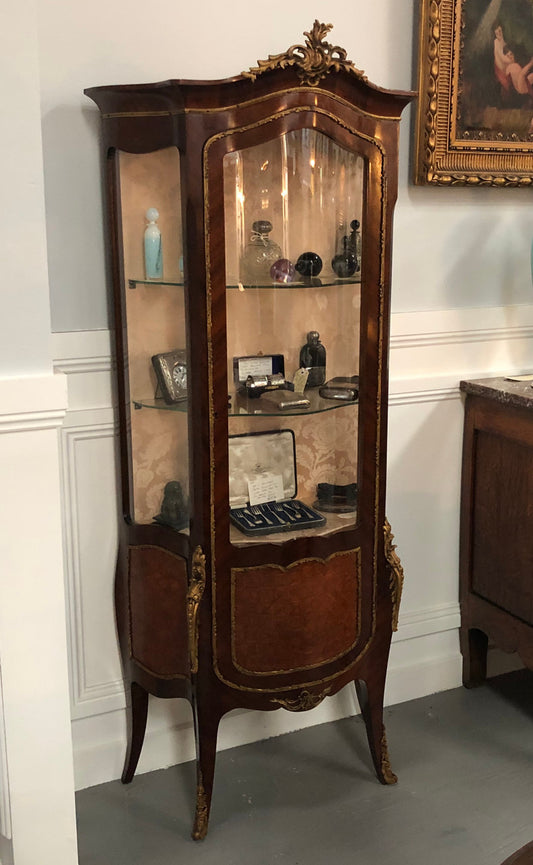 Stunning Antique Louis XV Style Walnut & Marquetry Inlay Vitrine