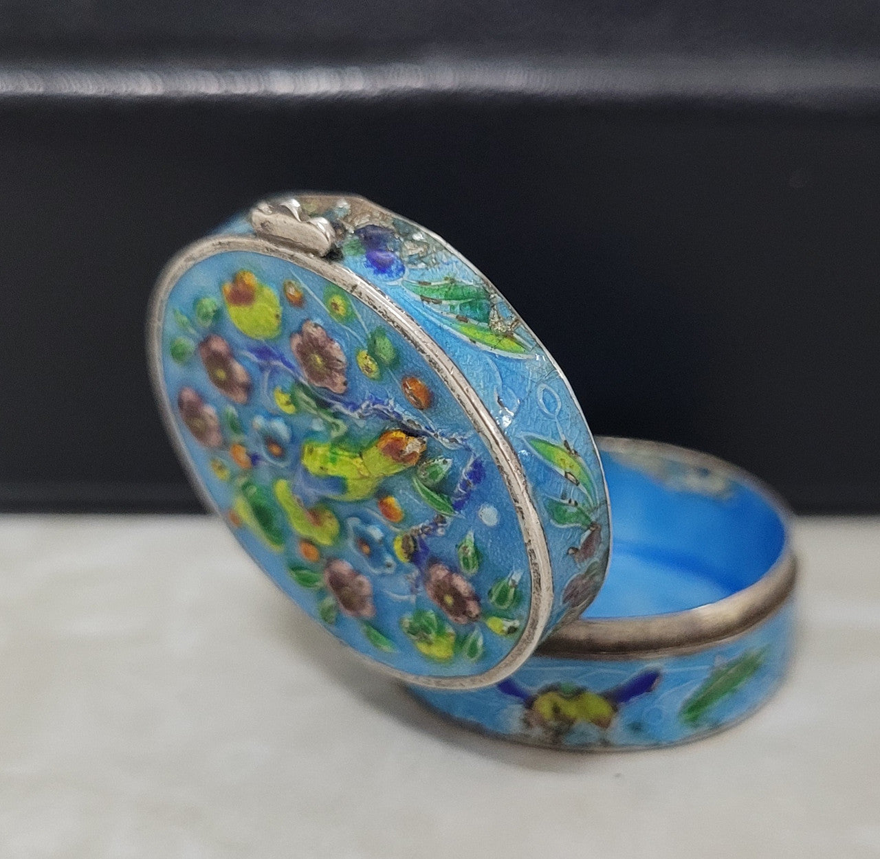 Antique Chinese silver and enamel pill box . In good original condition, please view photos as they help form part of the description.