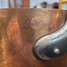 Set of five copper sauce pans with foundry stamp. They have been sourced from France and are in good original detailed condition.
