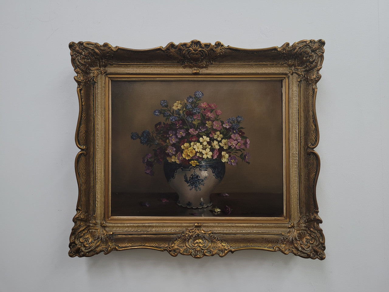 Attractive Signed Oil on Canvas Depicting Flowers in a Blue and White Jardinière | Antique & Vintage | Moonee Ponds Antiques | Australia Wide Delivery